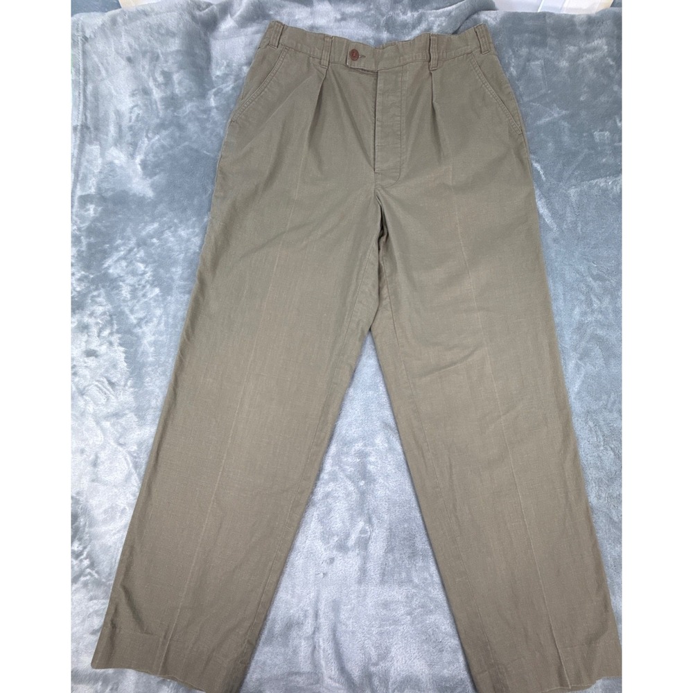 Calvin Klein Mens Olive Green Pleated Cotton Pants Button Fly Straight Leg 36